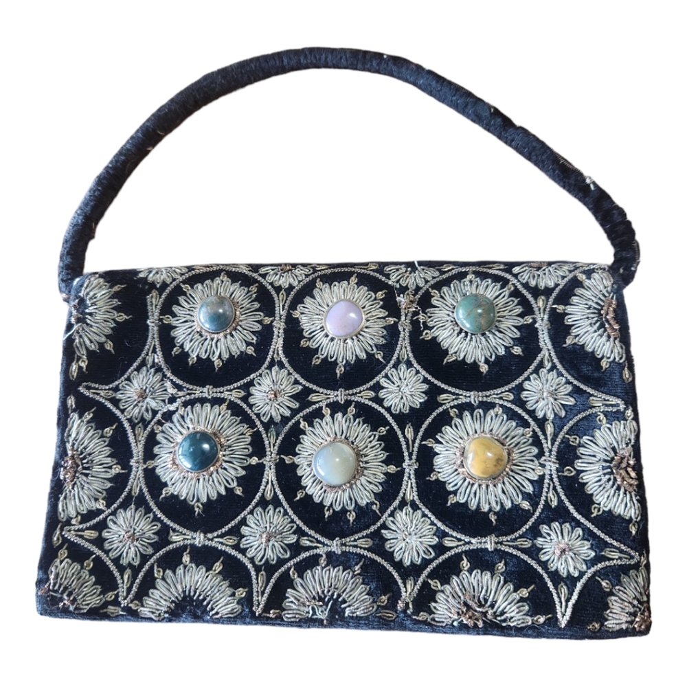 Handmade Ornate Jeweled Stone Detailed Velvet Top Handle Mini Bag Clutch